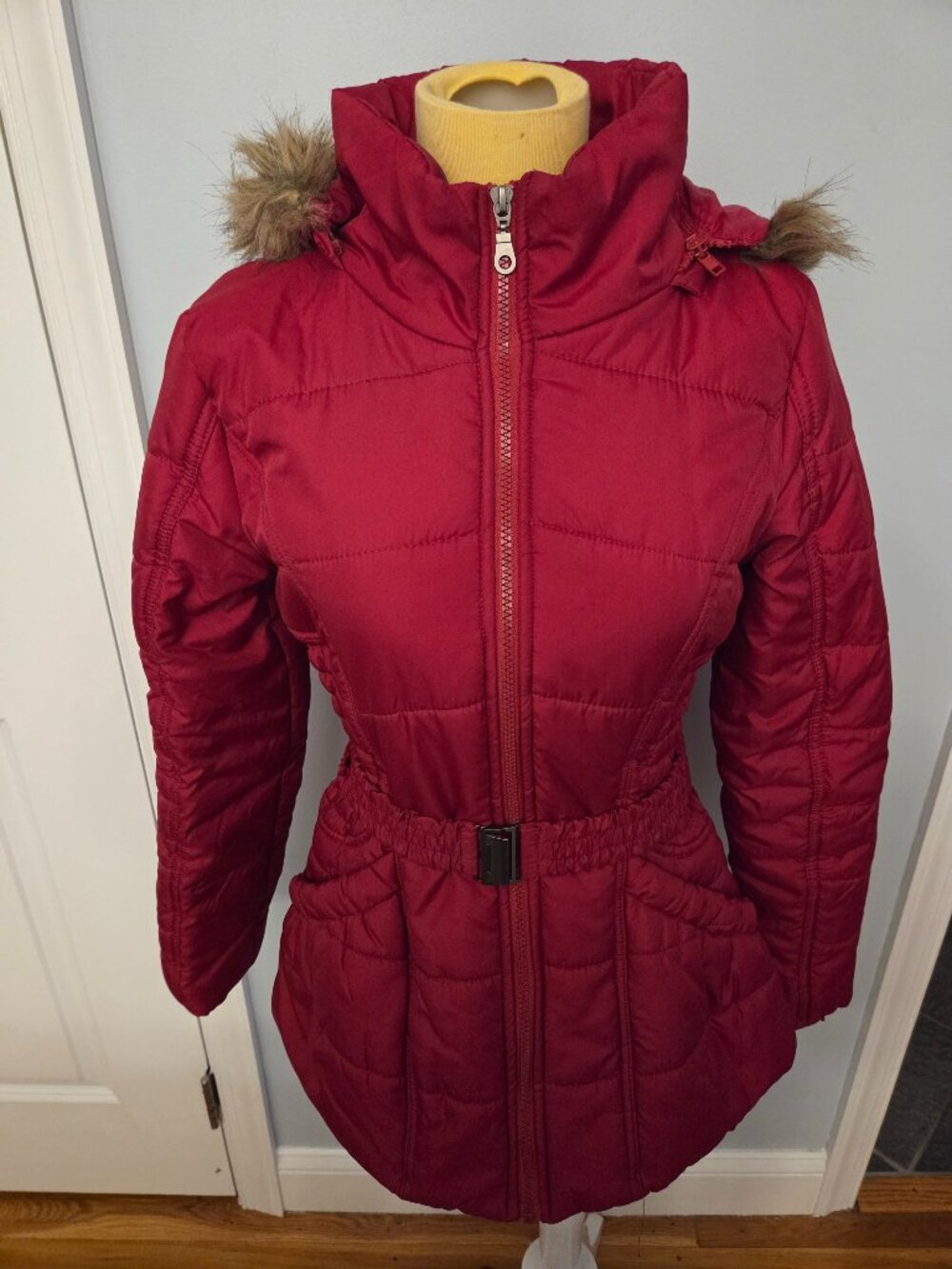 Rampage Faux-Fur-Trim Hooded Belted Puffer Coat